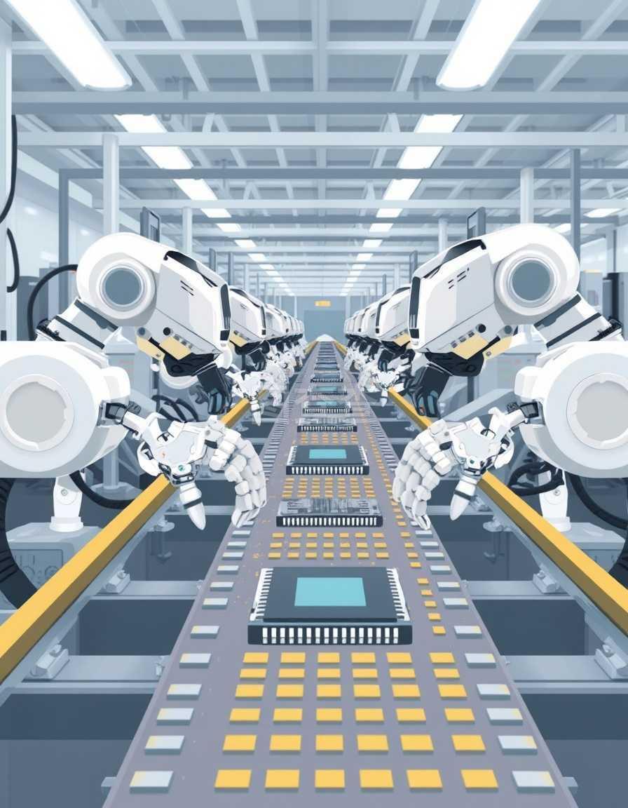 自動化生產的機械裝置。控制輸送機上微芯片的智能機器。工廠生產和運輸產品。平面式自動化的矢量圖示。工廠自動化生產的機械裝置